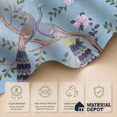 Morni, Peacock and Flowers Chinoiserie Design for Walls, Blue Sukoon Series Canvas Chinoserie Design (Customised Size Wallpaper)
