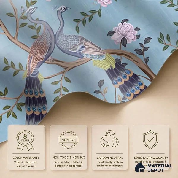 Morni, Peacock and Flowers Chinoiserie Design for Walls, Blue Sukoon Series Canvas Chinoserie Design (Customised Size Wallpaper)