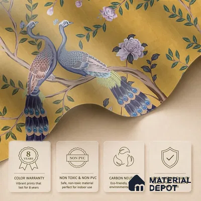 Morni, Peacock and Flowers Chinoiserie Design for Walls, Yellow Sukoon Series Canvas Chinoserie Design (Customised Size Wallpaper)