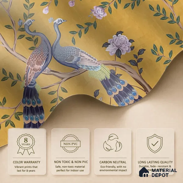 Morni, Peacock and Flowers Chinoiserie Design for Walls, Yellow Sukoon Series Canvas Chinoserie Design (Customised Size Wallpaper)