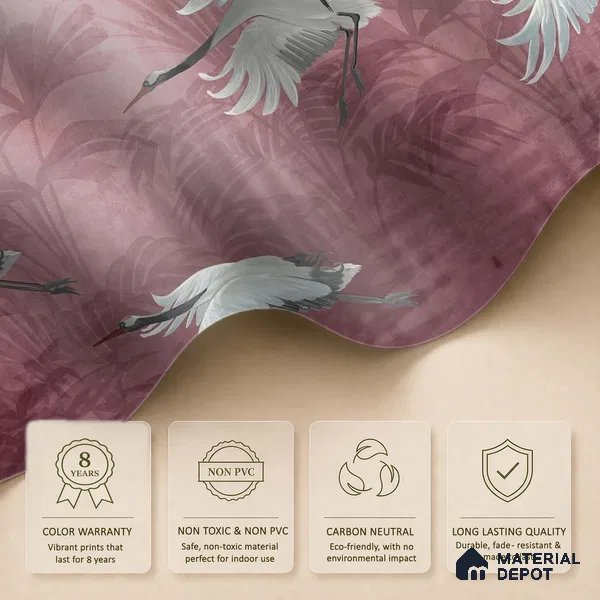 Musafir Beautiful Cranes Maroon Wallpaper Sukoon Series Handmade Abstract Design (Customised Size Wallpaper)
