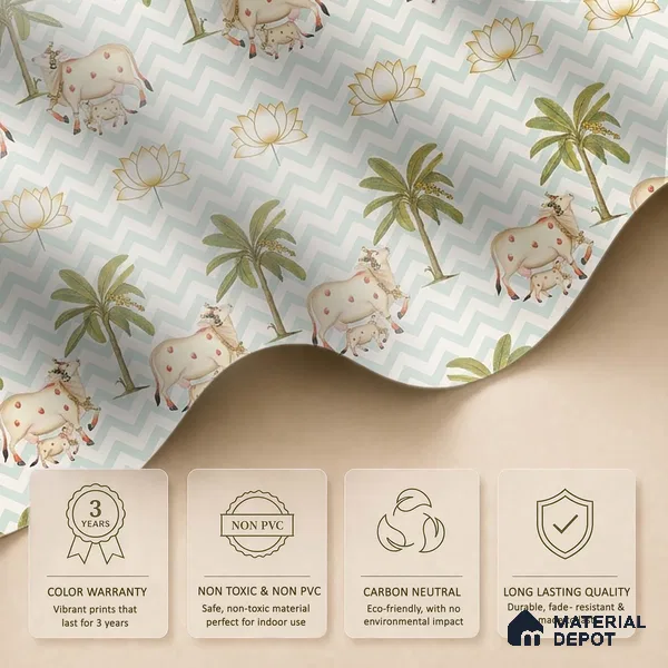 H902612 Pichwai Cows in Chevron Pattern Wallpaper Sukoon Series Canvas Patterned Design (Customised Size Wallpaper)