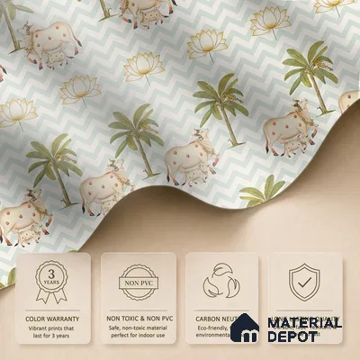 Pichwai Cows in Chevron | Sage Green Palm Tree Sheep Kids Look Wallpaper Handmade (Customised Size)
