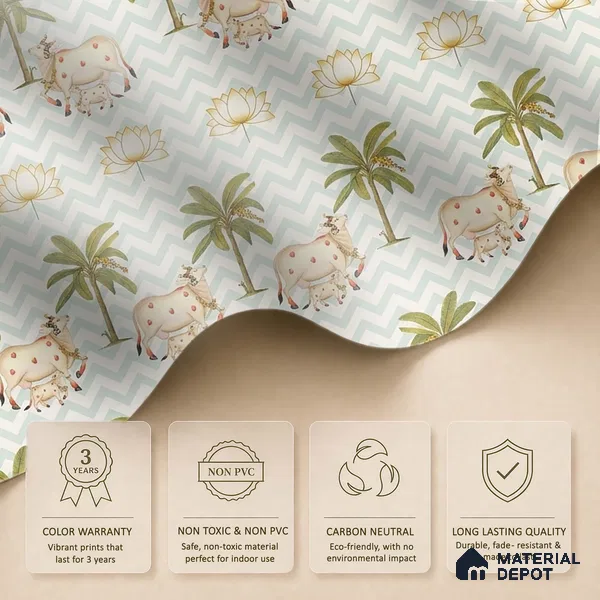 Pichwai Cows in Chevron | Sage Green Palm Tree Sheep Kids Look Wallpaper Handmade (Customised Size)