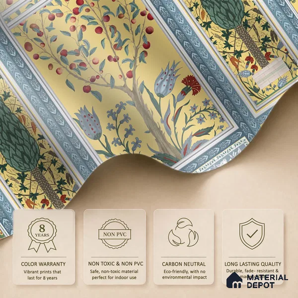 Shalimar Mughal Inspired Colorful Yellow | Mustard Yellow Peacock Border Traditional Look Wallpaper Handmade (Customised Size)