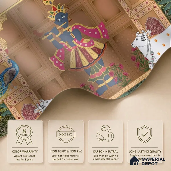 Shrinathji's Garden: Pichwai Inspired Wallpaper for Rooms Sukoon Series Handmade Patterned Design (Customised Size Wallpaper)