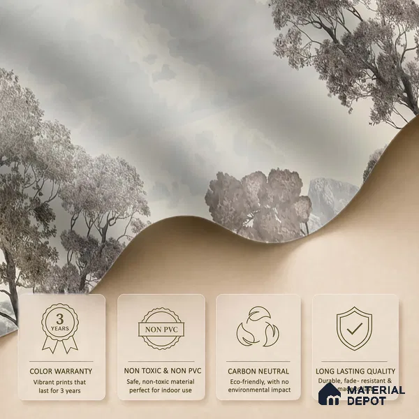 Sukoon | Charcoal Grey Toile Landscape Scenic Look Wallpaper Handmade (Customised Size)