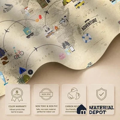 Travel Theme World Map for Kids Rooms Sparkla N Shine Series Soft Feel Map Design (Customised Size Wallpaper)