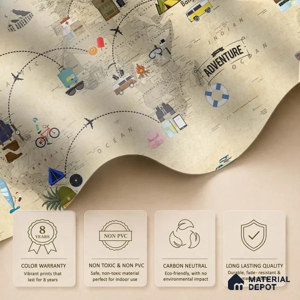 Travel Theme World Map for Kids Rooms Sparkla N Shine Series Soft Feel Map Design (Customised Size Wallpaper)