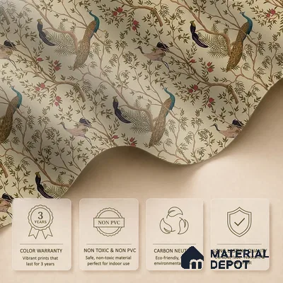 Chinoiserie Theme Wallpaper with Peacock, Khaki 10 Meter x 19.68 Inches Canvas Wallpaper - 54 Sq. Ft. | Minimum 15% wastage during installation