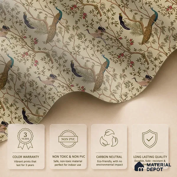 Chinoiserie Theme Wallpaper with Peacock, Khaki 10 Meter x 19.68 Inches Soft Feel Wallpaper - 54 Sq. Ft. | Minimum 15% wastage during installation