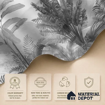Vintage Theme Tropical Foliage, Black & White Canvas (Customised Wallpaper)