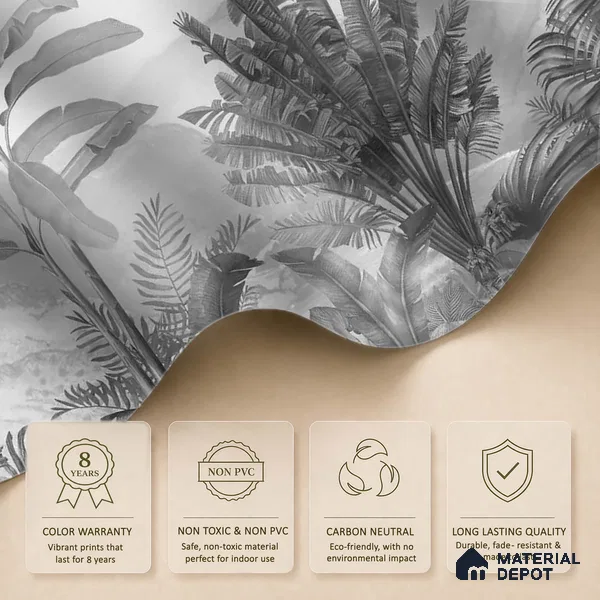 Vintage Theme Tropical Foliage, Black & White Canvas (Customised Wallpaper)