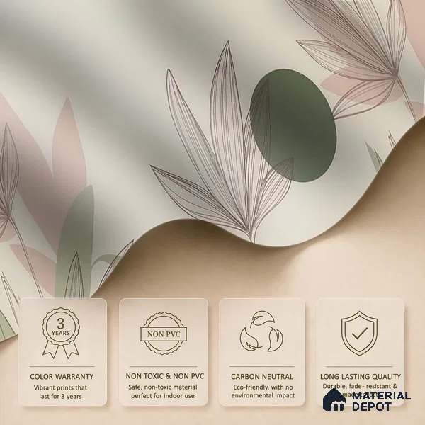 Green and Beige Leaves Line Art Customized Floral Wallpaper - Handmade