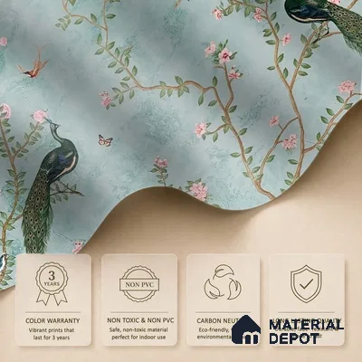 Bagiya, Peacock Canvas Chinoiserie Wallpaper in Indian Style (Customised Size Wallpaper)