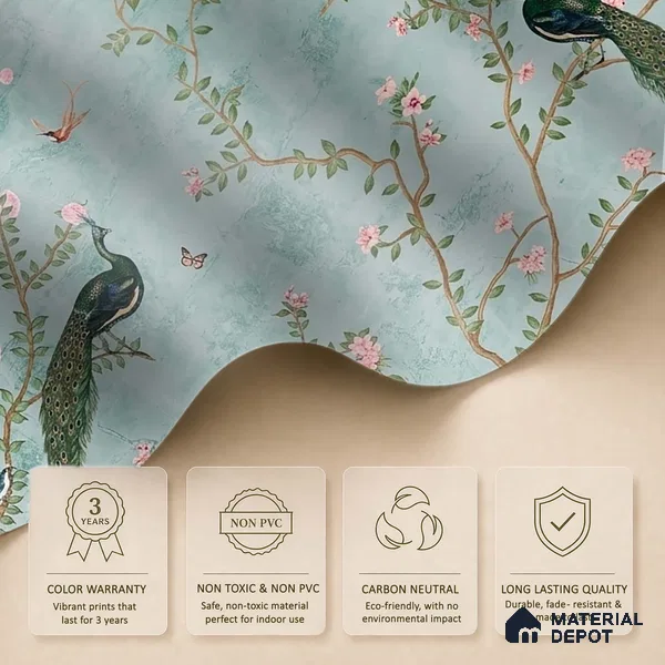 Bagiya, Peacock Canvas Chinoiserie Wallpaper in Indian Style (Customised Size Wallpaper)