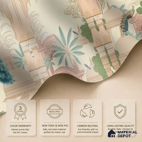 Aangan Indian Theme Canvas Wallpaper with Peacocks (Customised Wallpaper)