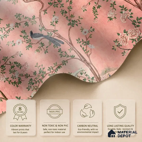 Rosa Chinoiserie Pink Color Floral Canvas Wallpaper For Room