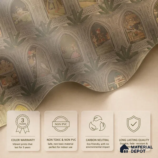 WP 03912 B | Ramayan- Luxury | Warm Beige Palace Arch Gallery Traditional Look Wallpaper Handmade (Customised Size)