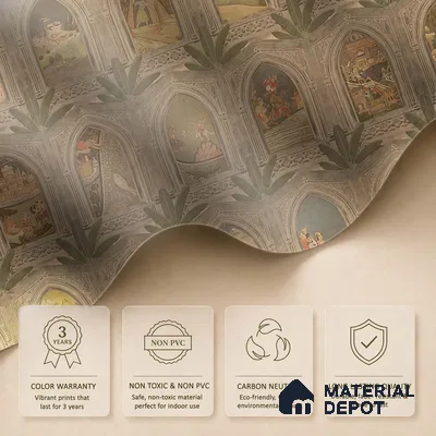 WP 03912 | Ramayan- Luxury | Warm Beige Palace Arch Gallery Traditional Look Wallpaper Canvas (Customised Size)