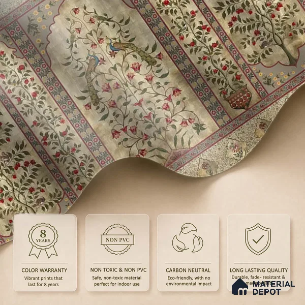 Madhuban Indian Floral Jharoka Canvas Wallpaper in Suneherii Collection Golden (Customized Size Wallpaper)