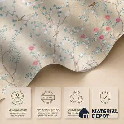 Sunset Serenade, Beige & Teal Chinoiserie Sandstone Wallpaper Design