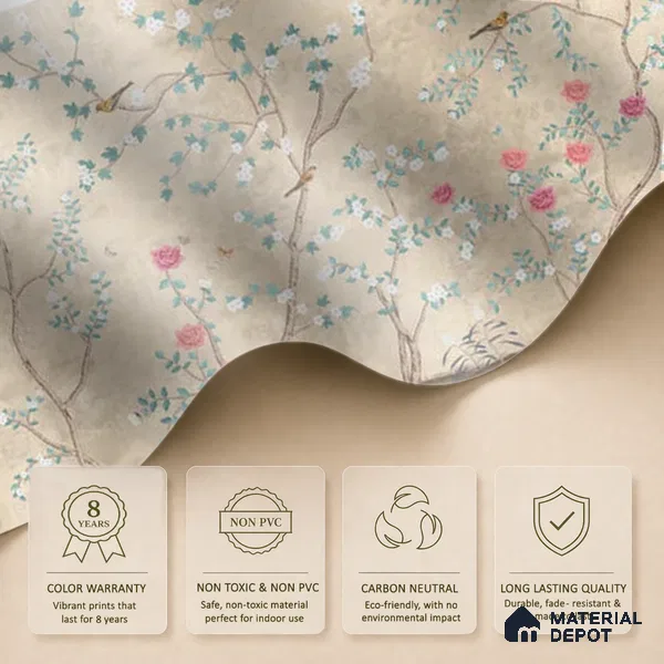 Sunset Serenade, Beige & Teal Chinoiserie Sandstone Wallpaper Design