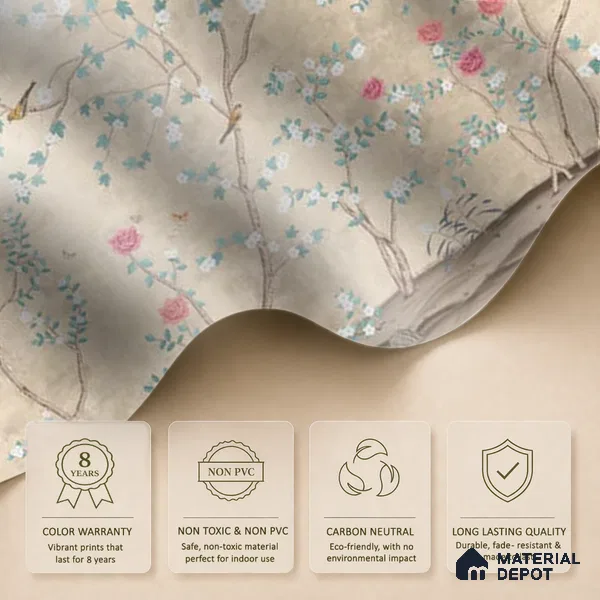 Sunset Serenade, Beige & Teal Chinoiserie Canvas Wallpaper Design