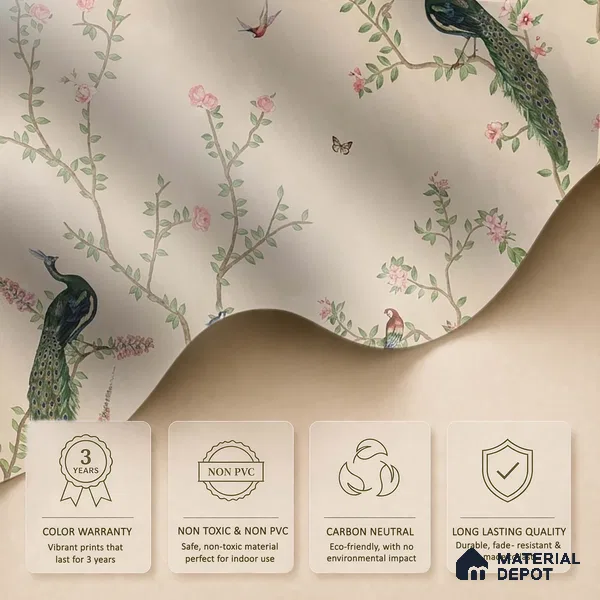 Bagiya, Peacock Chinoiserie in Indian Style, Clay Beige, Customised Handmade Wallpaper