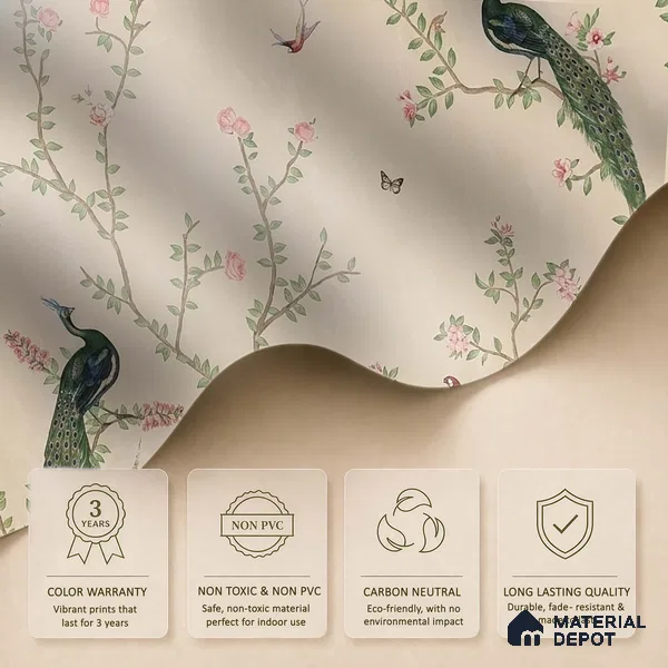 Bagiya, Peacock Chinoiserie in Indian Style, Clay Beige, Customised Sandstone Wallpaper