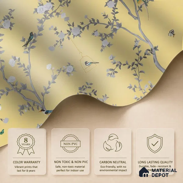 Aura in the Garden, Yellow Chinoiserie Handmade Wallpaper
