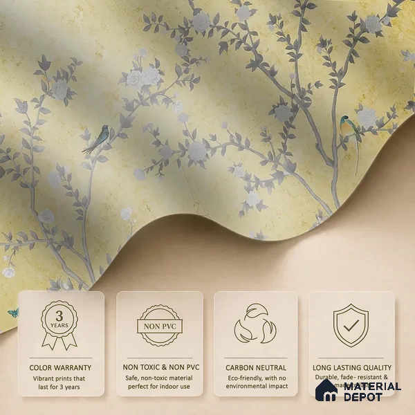 Yellow Aura in the Garden, Luxury Chinoiserie Wallcovering Sukoon Series Handmade Chinoserie Design (Customised Size Wallpaper)