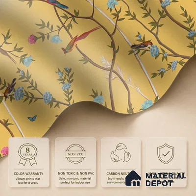 700211 - Yellow Chinoiserie Wallpaper with Flowers and Birds, Customised Sparkla N Shine Series Soft Feel Chinoserie Design (Customised Size Wallpaper)