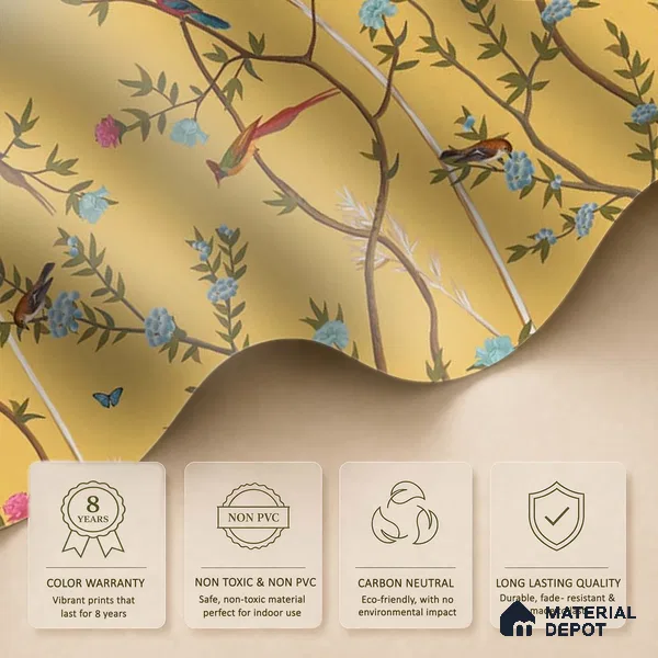 700211 - Yellow Chinoiserie Wallpaper with Flowers and Birds, Customised Sparkla N Shine Series Soft Feel Chinoserie Design (Customised Size Wallpaper)