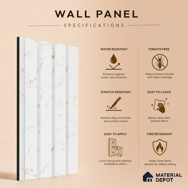 White Marble Louver PN 05281 8 ft x 4.9 inch Charcoal Panel - 11 mm | Suitable for Feature Wall, TV Unit & Living Room | Width is Subjected to 5% Variation
