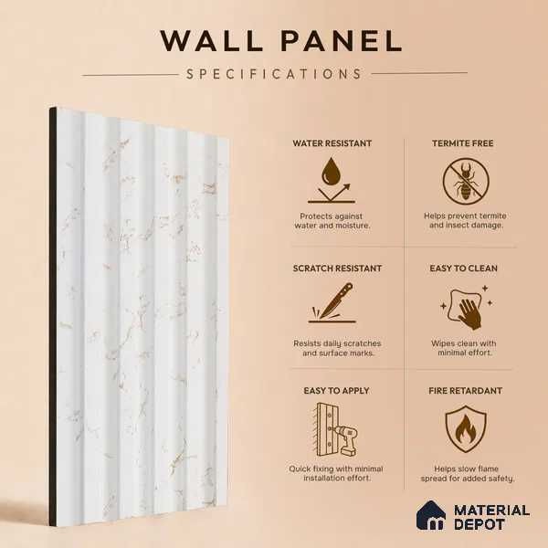 White Marble Louver PN 05292 8 ft x 4.8 inch Charcoal Panel - 12 mm | Suitable for Feature Wall, TV Unit & Living Room | Width is Subjected to 5% Variation