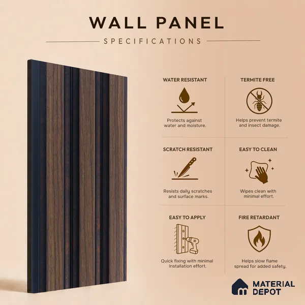 Brown Wooden Louver PN 05304 8 ft x 4.9 inch Charcoal Panel - 12 mm | Suitable for Feature Wall, TV Unit & Living Room | Width is Subjected to 5% Variation