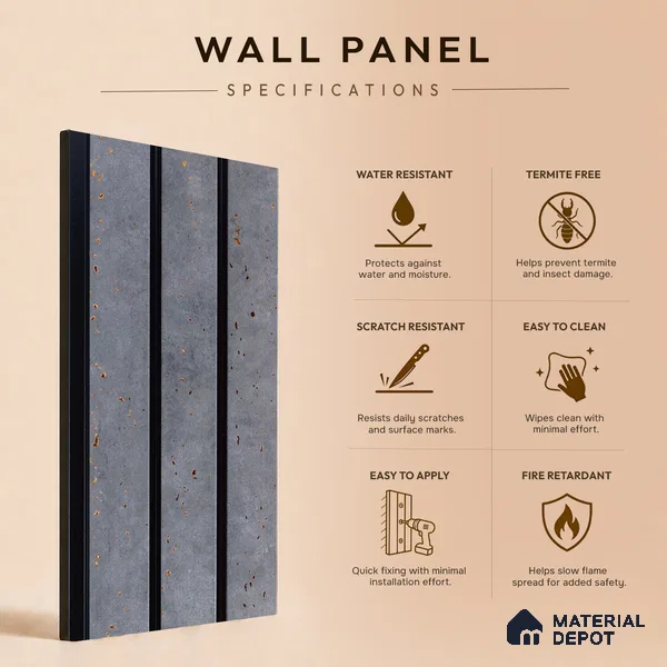 Grey Stone Louver PN 05307 8 ft x 4.8 inch Charcoal Panel - 12 mm | Suitable for Feature Wall, TV Unit & Living Room | Width is Subjected to 5% Variation