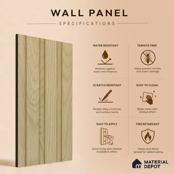 Beige Wooden Louver PN 05461 8 ft x 5 inch Charcoal Panel - 11 mm | Suitable for Feature Wall, TV Unit & Living Room | Width is Subjected to 5% Variation