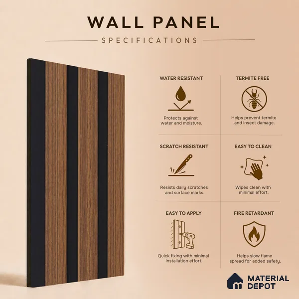 Brown Wooden Louver PN 05464 8 ft x 5 inch Charcoal Panel - 11 mm | Suitable for Feature Wall, TV Unit & Living Room | Width is Subjected to 5% Variation