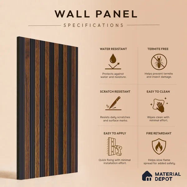 Brown Wooden Louver PN 05470 8 ft x 5 inch Charcoal Panel - 11 mm | Suitable for Feature Wall, TV Unit & Living Room | Width is Subjected to 5% Variation