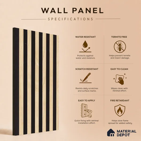 Beige Wooden Louver PN 05472 8 ft x 5 inch Charcoal Panel - 11 mm | Suitable for Feature Wall, TV Unit & Living Room | Width is Subjected to 5% Variation