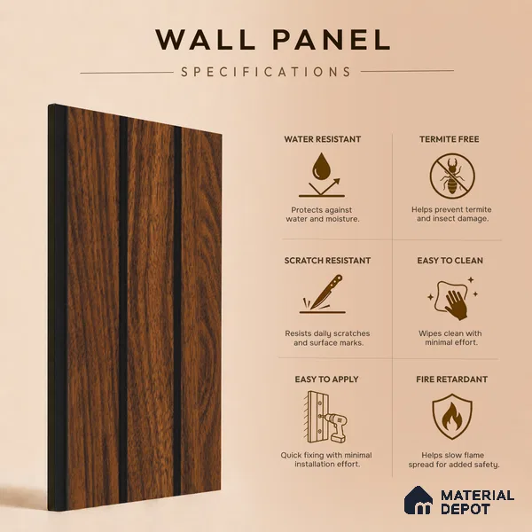 Brown Wooden Louver PN 05484 8 ft x 5 inch Charcoal Panel - 11 mm | Suitable for Feature Wall, TV Unit & Living Room | Width is Subjected to 5% Variation