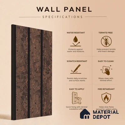 Brown Marble Louver PN 05486 8 ft x 5 inch Charcoal Panel - 11 mm | Suitable for Feature Wall, TV Unit & Living Room | Width is Subjected to 5% Variation