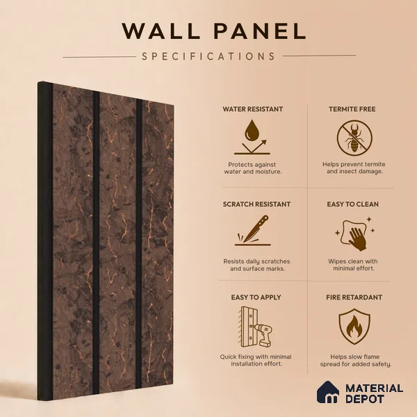 Brown Marble Louver PN 05486 8 ft x 5 inch Charcoal Panel - 11 mm | Suitable for Feature Wall, TV Unit & Living Room | Width is Subjected to 5% Variation