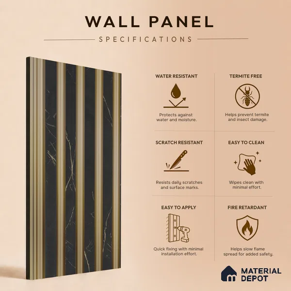 Grey Marble Louver PN 05491 8 ft x 5 inch Charcoal Panel - 11 mm | Suitable for Feature Wall, TV Unit & Living Room | Width is Subjected to 5% Variation