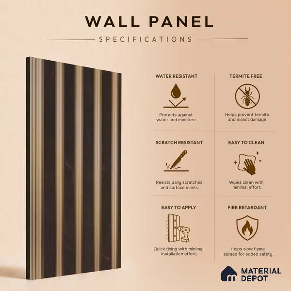Brown Marble Louver PN 05492 8 ft x 5 inch Charcoal Panel - 11 mm | Suitable for Feature Wall, TV Unit & Living Room | Width is Subjected to 5% Variation