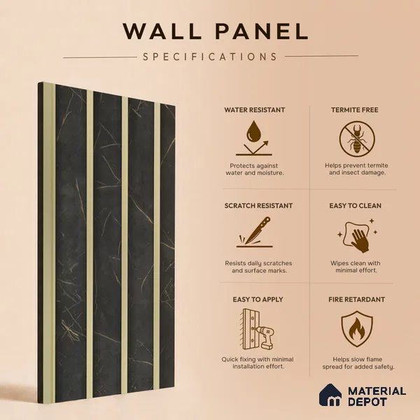 Grey Marble Louver PN 05501 8 ft x 5 inch Charcoal Panel - 11 mm | Suitable for Feature Wall, TV Unit & Living Room | Width is Subjected to 5% Variation