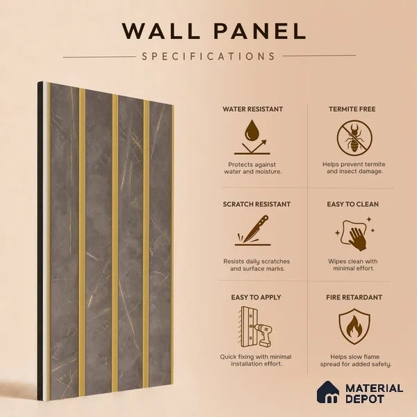 Brown Marble Louver PN 05502 8 ft x 5 inch Charcoal Panel - 11 mm | Suitable for Feature Wall, TV Unit & Living Room | Width is Subjected to 5% Variation