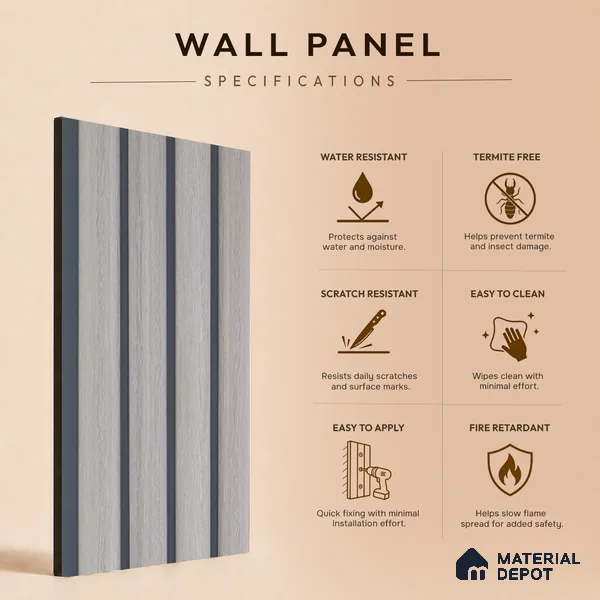 Grey Wooden Louver PN 05506 8 ft x 5 inch Charcoal Panel - 11 mm | Suitable for Feature Wall, TV Unit & Living Room | Width is Subjected to 5% Variation